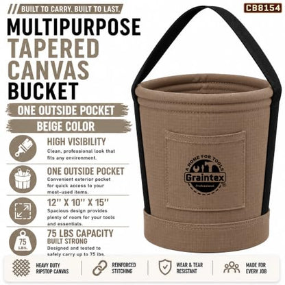 Graintex Tapered Canvas Bucket 12"x10"x15", Utility Tool Bucket One Inside Pocket, Reinforced Base & Carry Handle, Ripstop Canvas - Beige - color: Beige