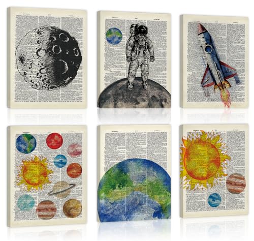 CHDITB Vintage Space Canvas Wall Art, Antique Dictionary Astronaut Decor, Retro Solar System Framed Poster, Celestial Planets Artwork, Outer Space Room Prints For Kids Bedroom Nursery Decor 8”X10”X6 - color: Outer Space 2, size: 12"L x 16"W