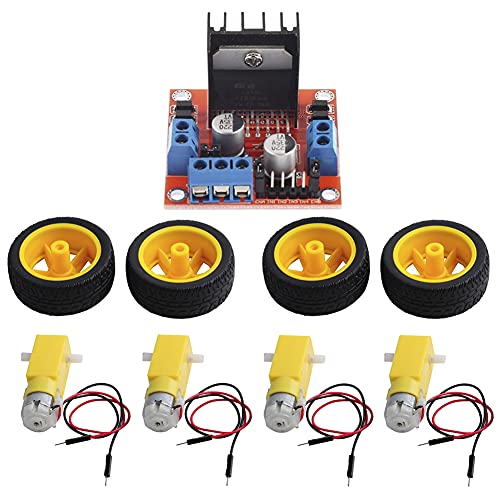 ShangHJ 4 Sets DC Gearbox Motor TT Motor 200RPM Tire Wheel DC 3-6V 1:48 Male Connector with 1Pc L298N Motor Drive Controller Board for Arduino Micro:bit Smart Car