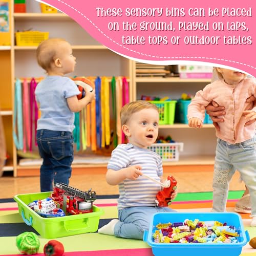 2 Pack Sensory Bin for Kids, 15inch Sand Tray with Lid, No-Mess Sensory Play Container for Sand, Building Blocks Storage, Portable Kids Activity Bin Indoor Outdoor(Blue, Green)