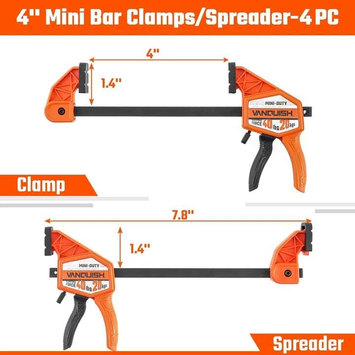 VANQUISH 4'' Mini Bar Clamps for Woodworking 4 Pack, 40LBS Load Limit - size: 4inch 4 Pack