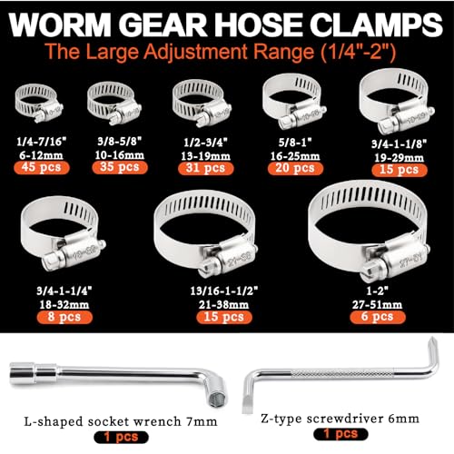 175Pcs Worm Gear Hose Clamps 304 Stainless Steel Assortment Kit 1/4"to 2"(6-51mm) Adjustable Hose Clamps, Small Heavy Duty Hose Clamps for Automotive/Garden/Water Pipe/Sprinkler Line/Fuel Line - size: 175pcs