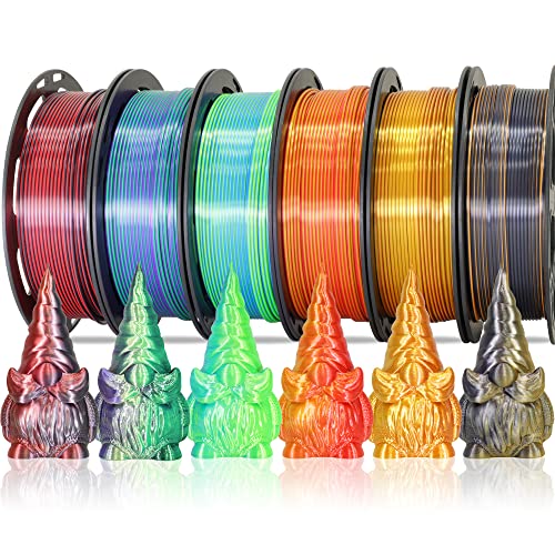 MIKA3D 6 Spools Bicolor Dual Color 1.75mm 3D Printer Filament Bundle, 3D Printing Silk PLA, Silk Red-Gold/Red-Black/Black-Orange/Gold-Copper/Lime Green-Blue/Green-Purple, 3D Silk PLA 250g X 6 Spools - color: Red-gold+red-black+black-orange+gold-copper+lim