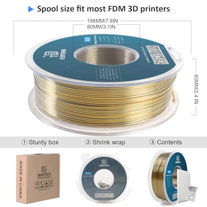 Geeetech Silk PLA Filament 1.75mm Silk Dual Color Filament, Coextrusion Dichromatic Metal-Like Shiny Consumable 1kg (2.2lbs) 1 Spool, Dimensional Accuracy +/- 0.02 mm, Gold Silver - color: 1kg Dual Color Gold-silver