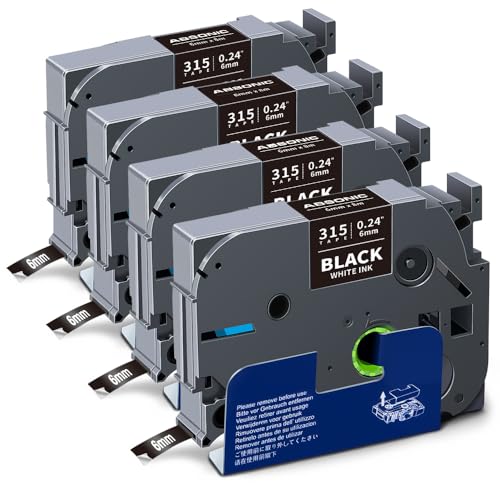 4-Pack Compatible for Brother Tze-315 1/4 Inch White on Black P Touch Tape - color: White on Black