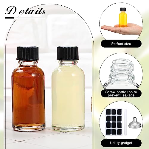 Hsei 24 Pcs 1 oz Glass Bottle with Black Cap Clear Boston Round Bottle
