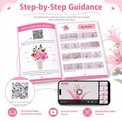 shaXsha Pipe Cleaner Flower Kit Bulk, 1160+ PCS All-in-One Beginner Craft Set with 650 PCS Pipe Cleaners, 500+ Beads & Eyes, Pink-Themed Materials for Creative DIY, Illustrated & Video Guides