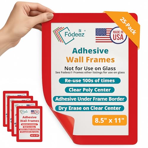 8.5 x 11 Adhesive Wall Frames - Peel & Stick Picture Frames, Wall Sign Holder, Paper & Letter Protector Sheets, Reusable Picture Frame, Dry Erase, Non Magnetic & Non Acryclic - Red, Pack of 25 - color: Red 25