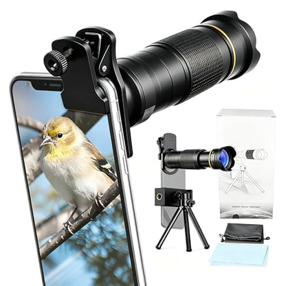 Andoer 36X Telephoto Lens Kit with Mini Tripod, Phone Clip, Holder, Lens Bag, Cleaning Cloth for Hiking, Camping, Wildlife Observation, Moon, Sports, Game, Concert Watching, Gold - color: Gold