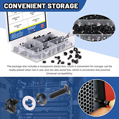 Glarks 80Sets/160Pcs M5 M6 Cage Nuts and Screws Set, M5 x 16mm, M5 x 20mm, M6 x 16mm, M6 x 20mm Square Hole Hardware Cage Nuts & Mounting Screws Washers for Server Rack and Cabinet (Black) (Pack of 2) - size: One Size (Pack of 2)
