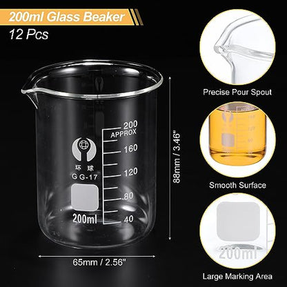 PATIKIL 200ml Low Form Glass Beaker, 12 Pack 3.3 Borosilicate Glass Graduated Printed Scale Measuring Cups with Spout for Kitchen Lab Liquids - size: 200ml