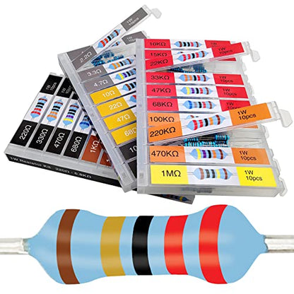 EEEEE 1W 30 Values 300pcs Individual Compartment 1 Ohm-1M Ohm with 1% Metal Film Resistor Assortment Kit and Electrical Industrial Assorted Set K Ohm Pack for Led Lights - style: 1 Watt 300pcs 1R-1M