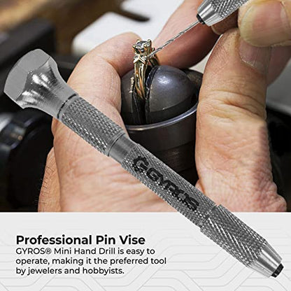 GYROS Swivel Head Pin Vise Hand Drill, 0"(0mm) to 1/8"(3.175mm) w/Anti-Slip Nickel Plated Steel Body & 2 Reversible Collets, Small Hand Drill for Precision Drilling of Jewelry, Plastic, & Wood