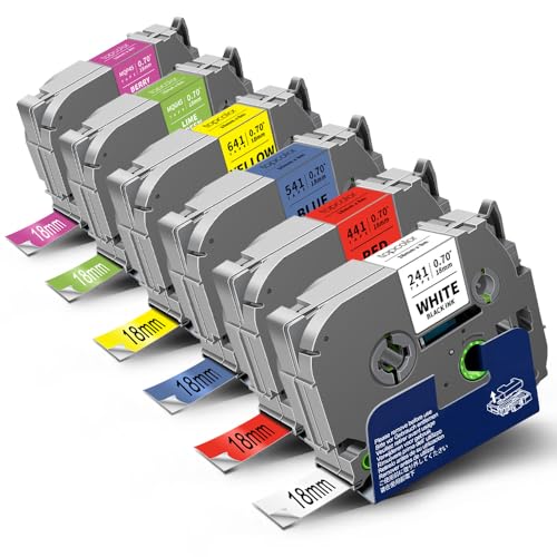 6-Pack 18mm 0.7 Laminated Color Tape Compatible for Brother Label Tape 18mm - color: Black on White/Red/Blue/Yellow/White on Berry Pink/Lime Green, size: 0.7 inch (18mm)