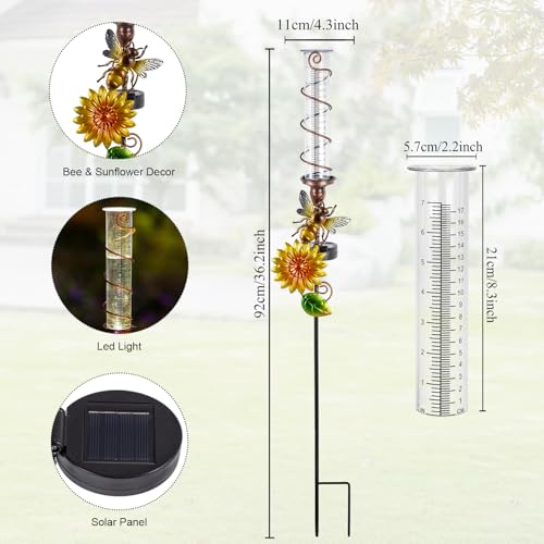 Rain Gauge Outdoor, Solar Water Gauge for Rain - color: Yellow Sunflower-Bee