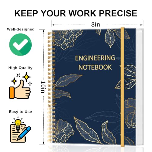 Engineering Notebook/Engineer Graph Paper Notebook - (.25" Grid Format), Lab Notebook Quad Ruled Book with Grid Pages: Table of Contents for Chemistry, Physics, 8" x 10", Spiral Bound, Blue Flower - color: Blue Gold Flower