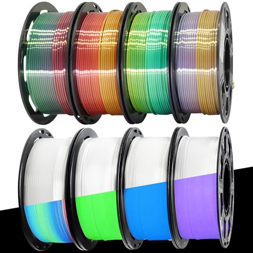 MIKA3D 8 Spools Different Popular Colors 3D Printing Filament PLA Bundle, 1.75mm 4 Different Silk Rainbow PLA, 4 Different Glow in Dark PLA, Total 8 Spools Packed, 0.25kg/Spool, Total 2kg - color: 4silkgold0.25