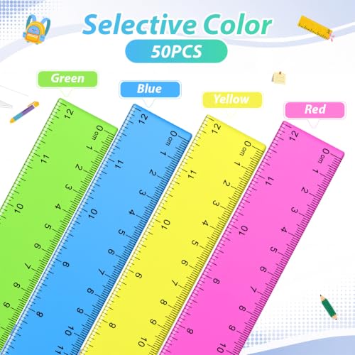 Eboot 50 Pack 12 in Clear Plastic Rulers Bulk for Classroom, School, Colorful - color: Blue,Pink,Green,Yellow
