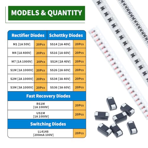 15Values 300PCS SMD Diode Kit M1 M4 M7 S1M S2M S3M SS14 SS16 SS24 SS26 SS34 SS36 RS1M US1M LL4148 Rectifier Schottky Fast Recovery Switching Diodes Assortment Set