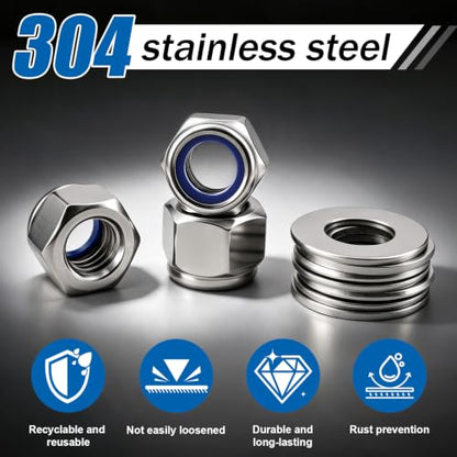 M8-1.25 Lock Nut 190Pcs Stainless Steel Nylock Locking nut with Washer - size: locknuts-M8 190pcs