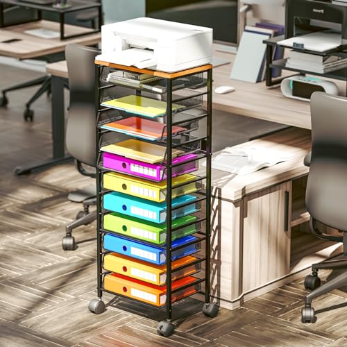 Simple Trending 12-Tier Rolling File Cart, Desk File Organizer with 11 Mesh Sliding Trays, Letter & Legal Paper Storage Rolling Utility Cart for Office Home School, Black - style: 12 Tier-Wood