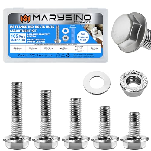 105Pcs M8 Bolts, Flange Hex M8x1.25 Bolt Assorted Bolts Nuts and Washers Kit, Metric Bolt Assortment, 304 Stainless Steel Bolts and Nuts Kit, Bright Finish M8 Screws - color: Silver, size: 105Pcs M8