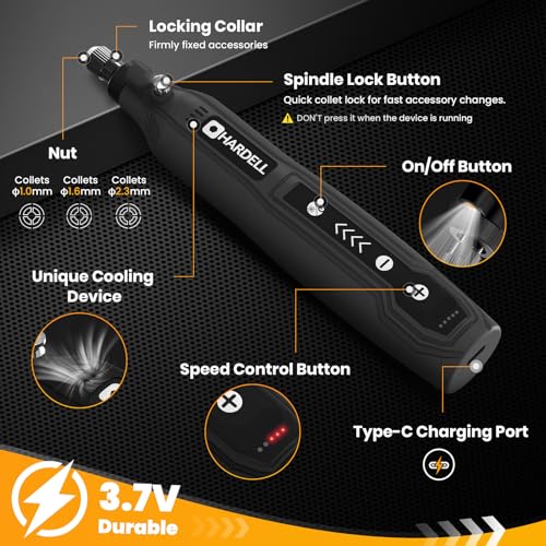 HARDELL Mini Cordless Rotary Tool Kit, 5-Speed for 3D Printer Sanding - color: Black