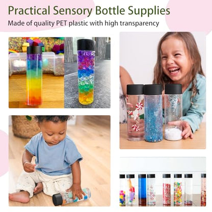 DI QIU REN 16 Pack Clear Plastic Bottles Empty Sensory Bottles with Caps – Reusable Juice Bottles Drink Containers Leakproof Water Bottle for Juice Milk (Black Lids, 10 oz / 300 ml) - size: 16 Pack 10 oz/ 300 ml