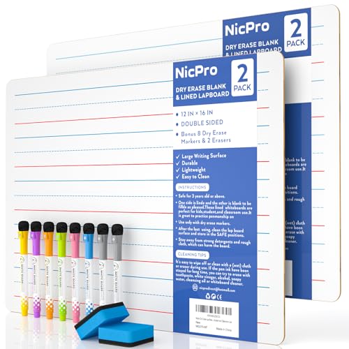 Nicpro Dry Erase Board with Lines 12 x 16 in, 2 Pack Kid Double Sided Lined - color: Lined, size: 2 Pack 12 × 16 inches