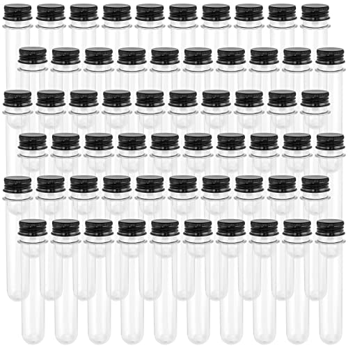 SEUNMUK 60 PCS 40ml Clear Plastic Test Tubes with Black Caps, 140 x 25 mm Clear Bath Salt Tubes, Test Tubes for Plants, Scientific Experiments, Candy Storage, Powders, Spices - color: Black Caps