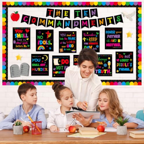 Ten Commandments Bulletin Board Set Christian Bible Verse Classroom Decor Black Base Inspirational Religious Scripture Cutouts for Back to School Party Classroom Home Chalkboard Wall Door Decor - style: Black Base Ten Commandments