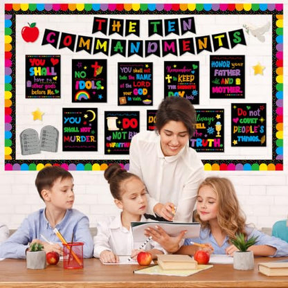 Ten Commandments Bulletin Board Set Christian Bible Verse Classroom Decor Black Base Inspirational Religious Scripture Cutouts for Back to School Party Classroom Home Chalkboard Wall Door Decor - style: Black Base Ten Commandments