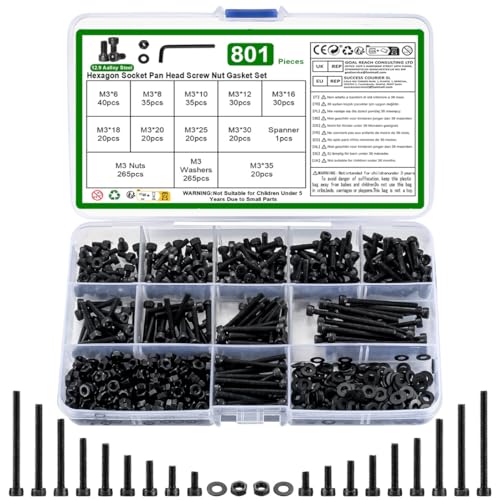 M3 Hex Socket Head Cap Screws Bolts and Nuts and Washers Assortment Kit, 801 Pcs Metric Allen Hex Socket Head Cap Screws Bolts, 12.9 Grade Alloy Steel, Fully Threaded, Black Oxide Finish - size: M3-801