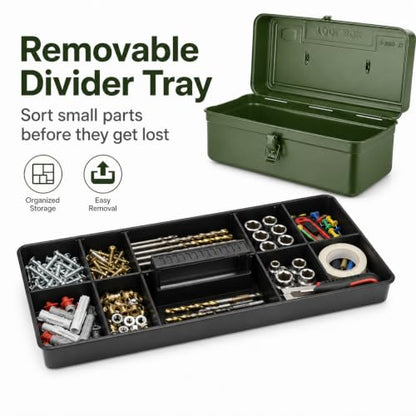 Portable Metal Tool Box with Removable Divider Tray, 14.2 in - color: Green