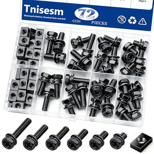 Tnisesm 72PCS Battery Terminal Motorcycle Bolts and Nuts Kit M6x10/12/16/18/20mm 304 Stainless Steel Battery Bolt with Square Nut for ATV Bike, Motorcycle, Scooter(Black) - size: M6-BK-72PCS