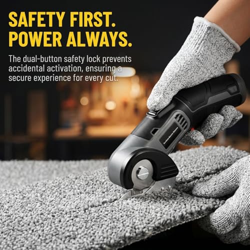 4V Cordless Electric Scissors, Lightweight Rotary Cutter with 2 Blades & USB Charging, for Cardboard Fabric Leather Carpet Plastic Rope Cutting, Safety Lock for Home DIY Craft Use