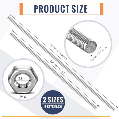 LEIFIDE 24 Pcs 8/32 in 4mm Threaded Rod with Hex Nuts, 12 Inch,16 Inch - size: 12 Inch,16 Inch