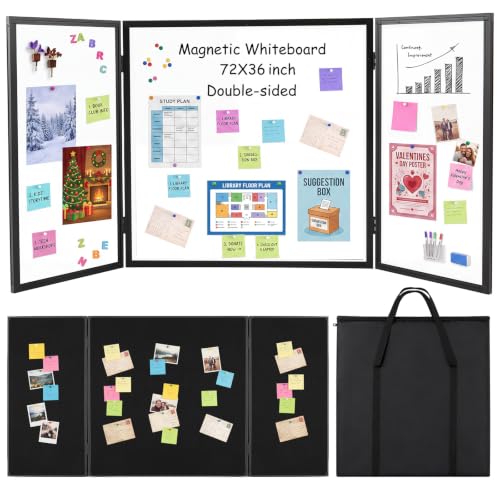 72 x 36 Trifold 3-Panel Display Board with Black Felt Board and Storage Bag - color: White-black, size: 72 x 36inch
