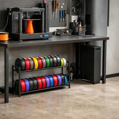 VYES 3D Printer Filament Storage Rack, 2-Tier Expandable Desktop Organizer, No Tools Needed Assembly, Holds 24 Spools for PLA/ABS/TPU, Rolling Spool Holder for Home, Office & Workshop