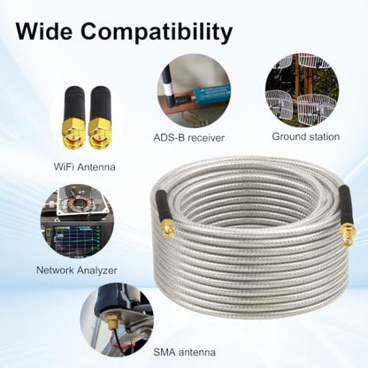 XRDS -RF Low Loss RG58 Coaxial Cable 20FT, SMA Male to SMA Female Bulkhead Extension Cable, Solid Copper 50 Ohm RF Wire for WiFi Antenna Router, 4G LTE Gateway - size: 20FT