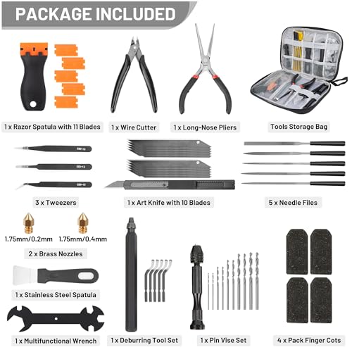 3D Printing Tool Set, 58Pcs 3D Printer Accessories with Deburring Tools, Removal Scrapers, Blades, Pliers, Wrenches, Brushes, Suitable for 3D Printed Finishing, Deburring and Cleaning