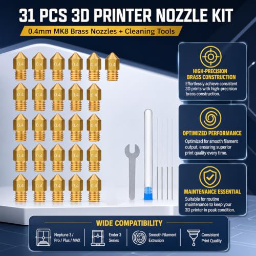 31-Pack 3D Printer Nozzle Kit, 0.4mm MK8 Brass