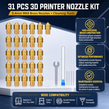 31-Pack 3D Printer Nozzle Kit, 0.4mm MK8 Brass