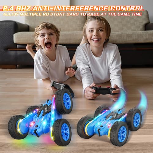 Terucle Remote Control Car, Rc Cars Stunt Toys New Upgraded Strip Lights and Headlights Toys Double-Sided 360° Rotating 4WD Drift Truck for Boys Girls Birthday Gift (Blue) - color: Blue