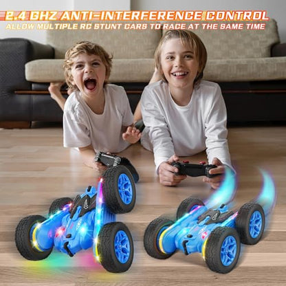 Terucle Remote Control Car, Rc Cars Stunt Toys New Upgraded Strip Lights and Headlights Toys Double-Sided 360° Rotating 4WD Drift Truck for Boys Girls Birthday Gift (Blue) - color: Blue