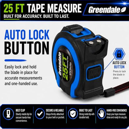 Greendale – 6 Pack Tape Measures 25 ft – Easy-Read Fractions, Magnetic Tip, Quick-Lock & Auto-Retract – Heavy-Duty Measuring Tape with Belt Clip – Blue - color: Blue