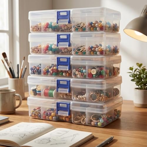 5-Pack Blue Plastic Organizer Boxes, Stackable Craft Storage Cases - color: 5pcs- Clear Blue
