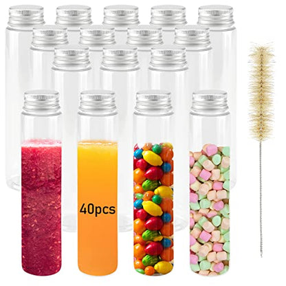 40 PCS 110ml Clear Plastic Test Tubes with Screw Caps, 140 x 32mm Flat Test Tubes, Plastic Storage Tubes for Bath Salt and Candy Storage, Science Party Favors