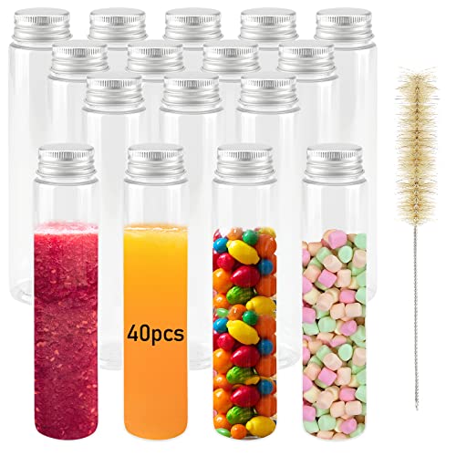 40 PCS 110ml Clear Plastic Test Tubes with Screw Caps, 140 x 32mm Flat Test Tubes, Plastic Storage Tubes for Bath Salt and Candy Storage, Science Party Favors