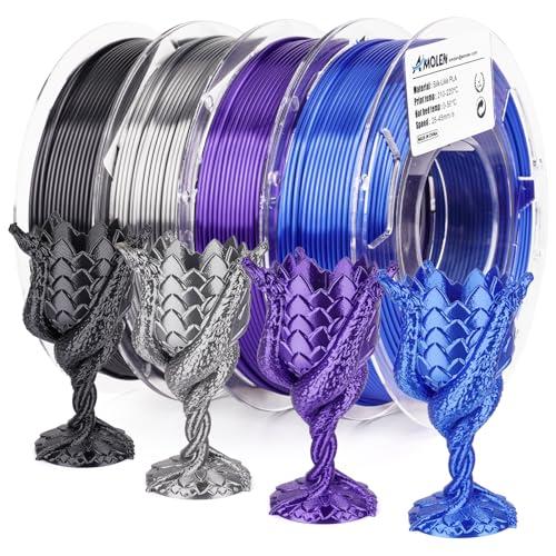 AMOLEN Silk 3D Printer Filament Bundle, PLA Filament 1.75mm Pack, Shiny 3D Printing Filament for Most FDM 3D Printer, Black, Purple, Silver Grey, Sapphire Blue, 200g X 4 - color: Black/Purple/Silver Grey/Sapphire Blue